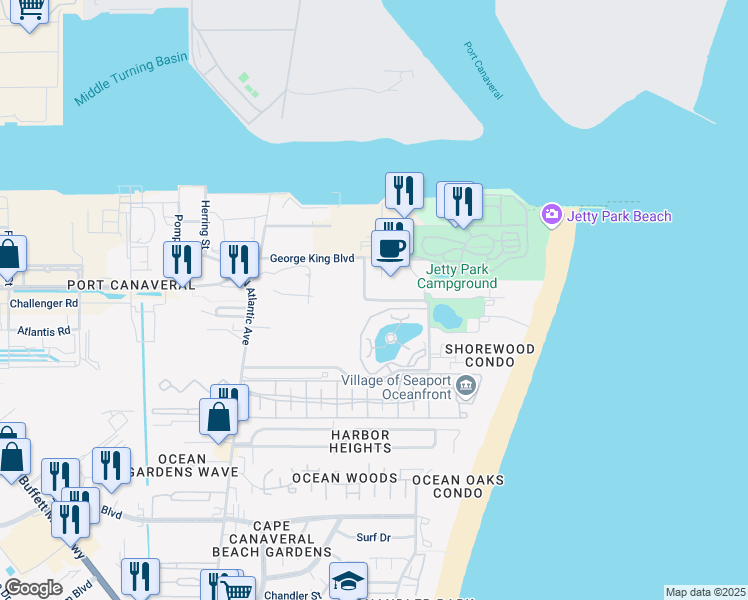 map of restaurants, bars, coffee shops, grocery stores, and more near 898 Shorewood Drive in Cape Canaveral