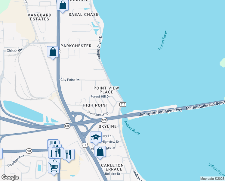map of restaurants, bars, coffee shops, grocery stores, and more near 206 Forest Hill Drive in Cocoa