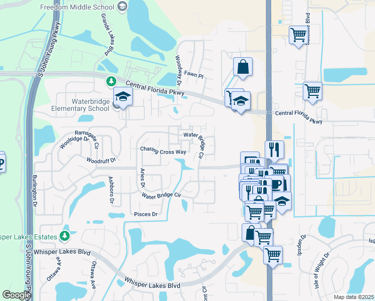 map of restaurants, bars, coffee shops, grocery stores, and more near 2416 Alister Court in Orlando