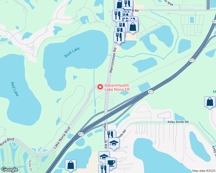 map of restaurants, bars, coffee shops, grocery stores, and more near Lake Nona Boulevard in Orlando