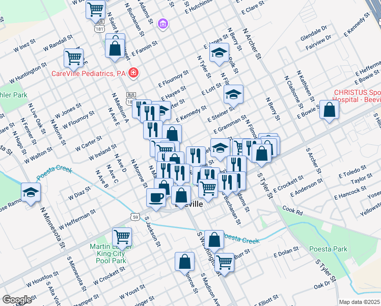 map of restaurants, bars, coffee shops, grocery stores, and more near 204 East Hefferman Street in Beeville