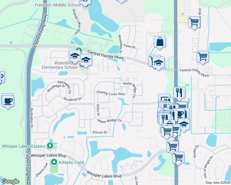 map of restaurants, bars, coffee shops, grocery stores, and more near 2812 Charing Cross Way in Orlando