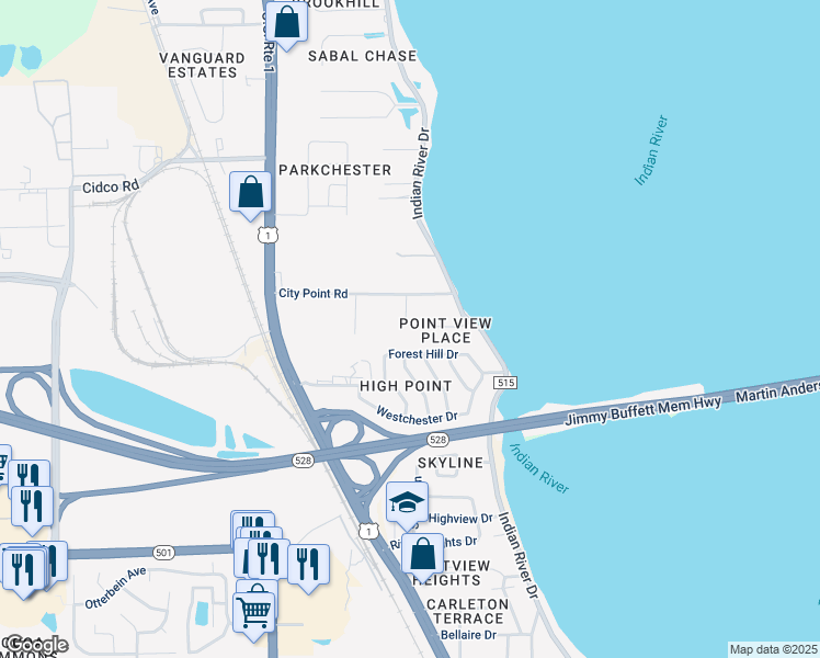 map of restaurants, bars, coffee shops, grocery stores, and more near 171 City Point Road in Cocoa