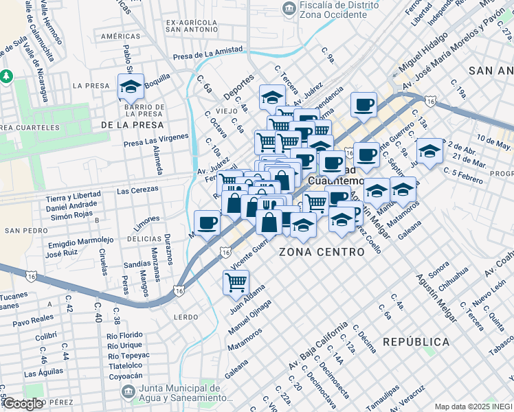 map of restaurants, bars, coffee shops, grocery stores, and more near Av.Morelos in Ciudad Cuauhtémoc