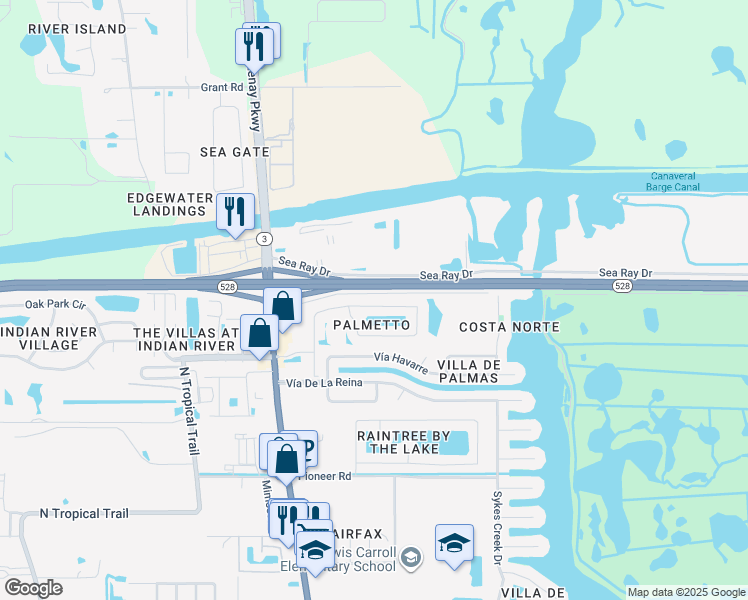 map of restaurants, bars, coffee shops, grocery stores, and more near 2763 Glenridge Circle in Merritt Island