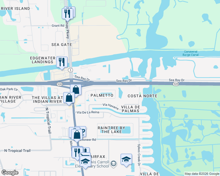 map of restaurants, bars, coffee shops, grocery stores, and more near 2853 Glenridge Circle in Merritt Island