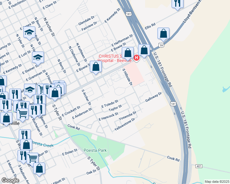 map of restaurants, bars, coffee shops, grocery stores, and more near 1301 East Toledo Street in Beeville