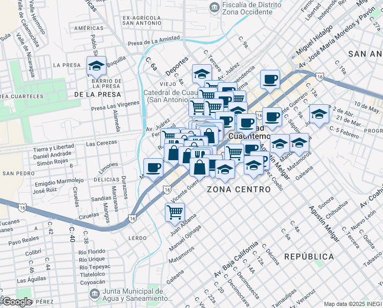 map of restaurants, bars, coffee shops, grocery stores, and more near Av.Morelos in Ciudad Cuauhtémoc