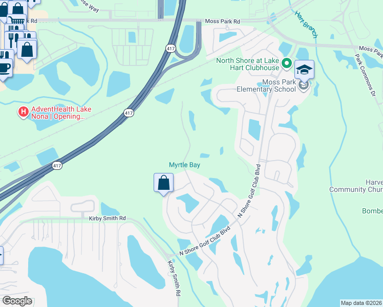 map of restaurants, bars, coffee shops, grocery stores, and more near 9447 Myrtle Creek Lane in Orlando