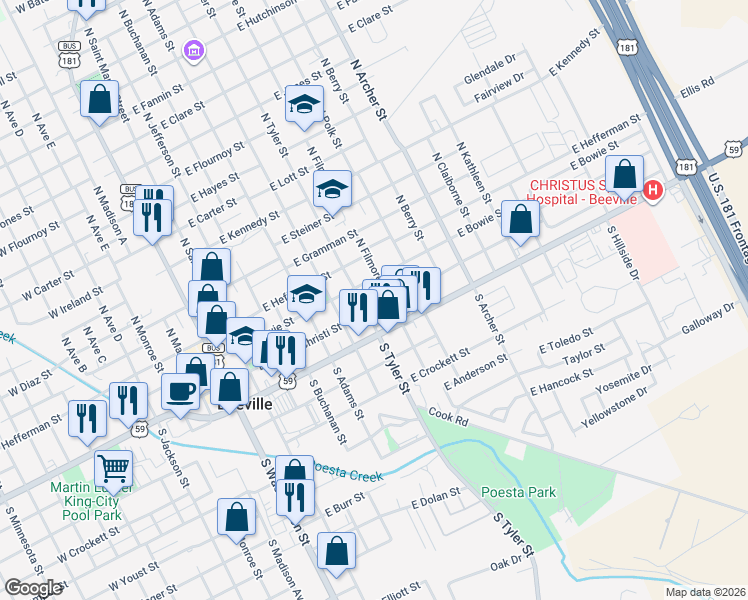 map of restaurants, bars, coffee shops, grocery stores, and more near 607 East Bowie Street in Beeville