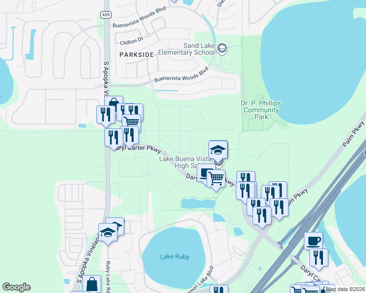 map of restaurants, bars, coffee shops, grocery stores, and more near 8241 Fenton Street in Orlando