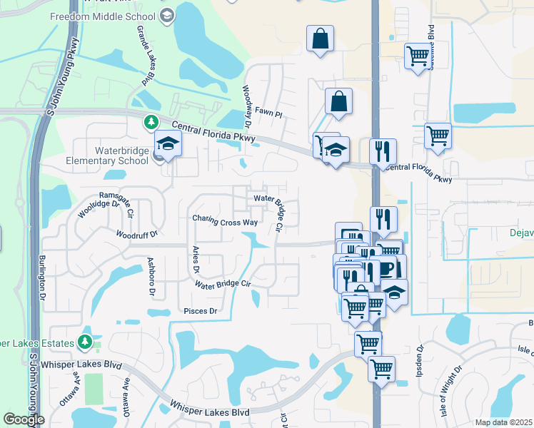 map of restaurants, bars, coffee shops, grocery stores, and more near 2608 London Bridge Court in Orlando