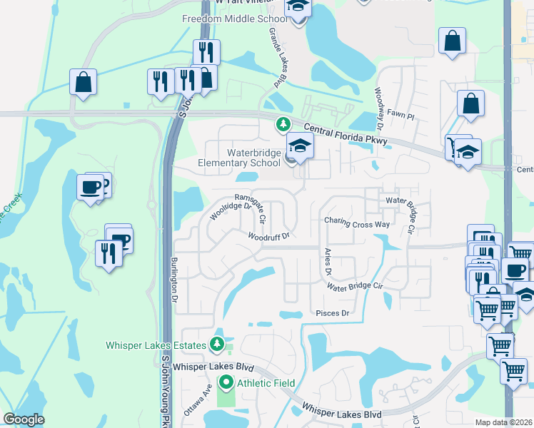 map of restaurants, bars, coffee shops, grocery stores, and more near 11201 Worley Avenue in Orlando