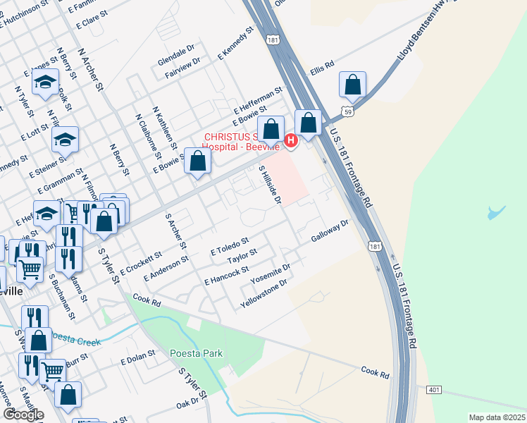 map of restaurants, bars, coffee shops, grocery stores, and more near 500 South Hillside Drive in Beeville