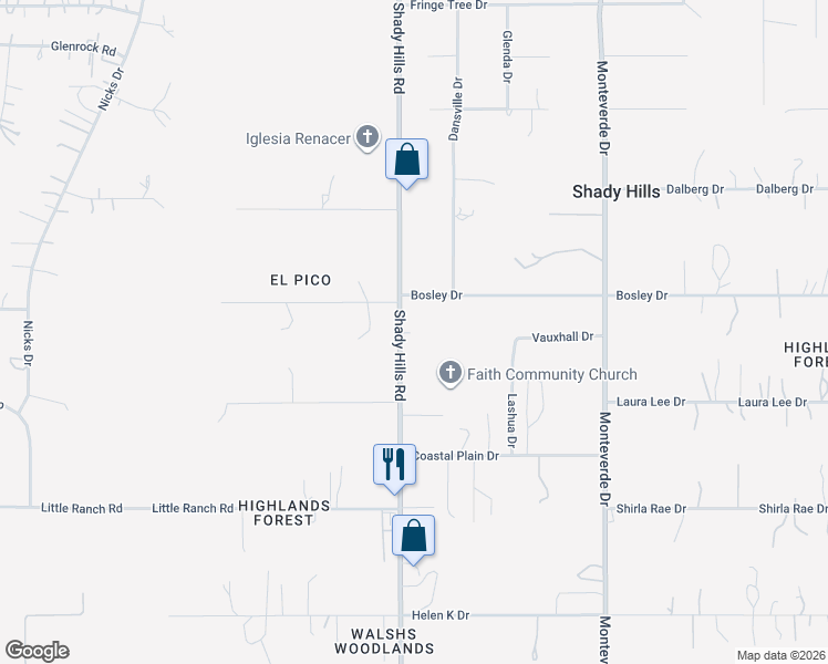 map of restaurants, bars, coffee shops, grocery stores, and more near in Shady Hills