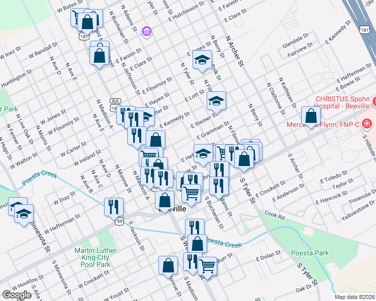 map of restaurants, bars, coffee shops, grocery stores, and more near 206 East Cleveland Street in Beeville