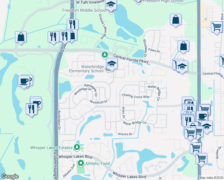 map of restaurants, bars, coffee shops, grocery stores, and more near 2814 Woodruff Drive in Orlando