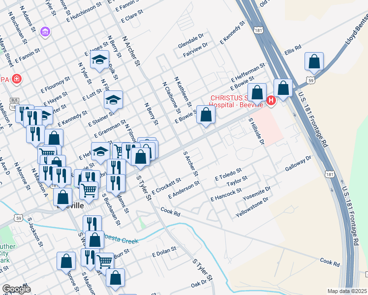 map of restaurants, bars, coffee shops, grocery stores, and more near 910 East Corpus Christi Street in Beeville