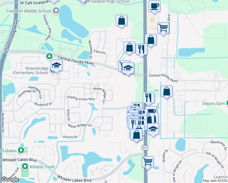 map of restaurants, bars, coffee shops, grocery stores, and more near 11107 Finchley Place in Orlando