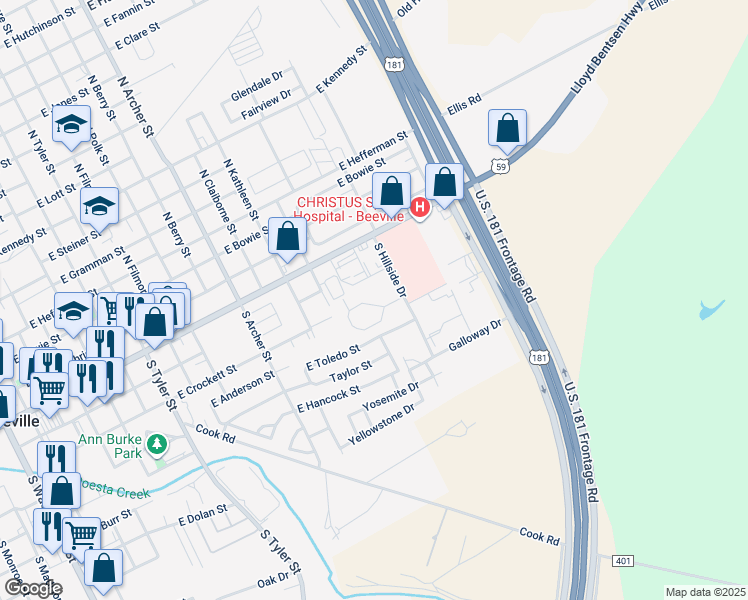 map of restaurants, bars, coffee shops, grocery stores, and more near 500 South Hillside Drive in Beeville