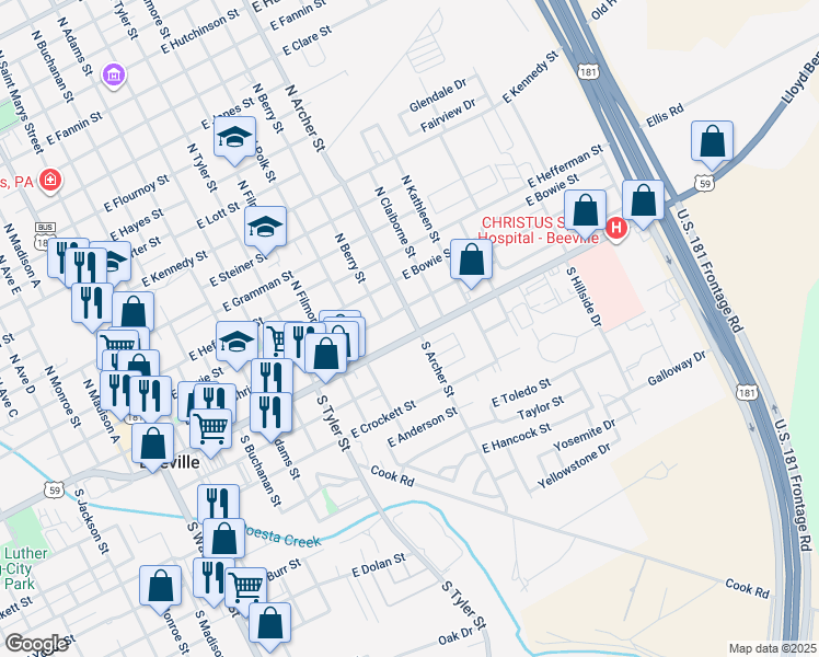 map of restaurants, bars, coffee shops, grocery stores, and more near 910 East Corpus Christi Street in Beeville