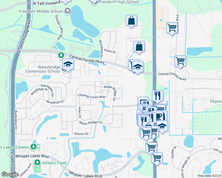 map of restaurants, bars, coffee shops, grocery stores, and more near 11109 Highgate Street in Orlando