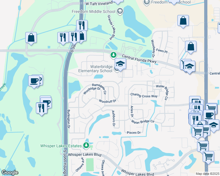map of restaurants, bars, coffee shops, grocery stores, and more near 11201 Worley Avenue in Orlando