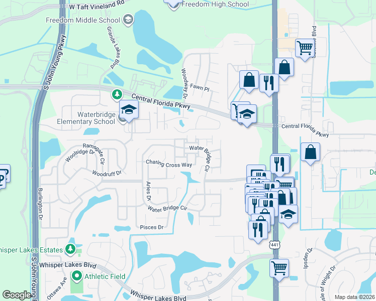 map of restaurants, bars, coffee shops, grocery stores, and more near 11102 Heathrow Street in Orlando