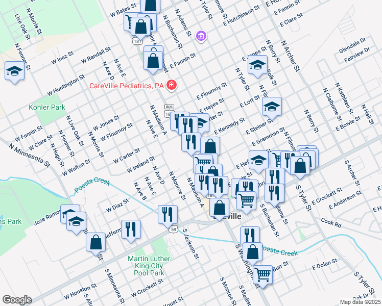map of restaurants, bars, coffee shops, grocery stores, and more near 612 N Washington St in Beeville