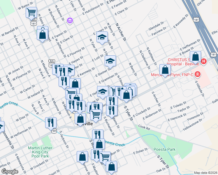 map of restaurants, bars, coffee shops, grocery stores, and more near 504 East Hefferman Street in Beeville