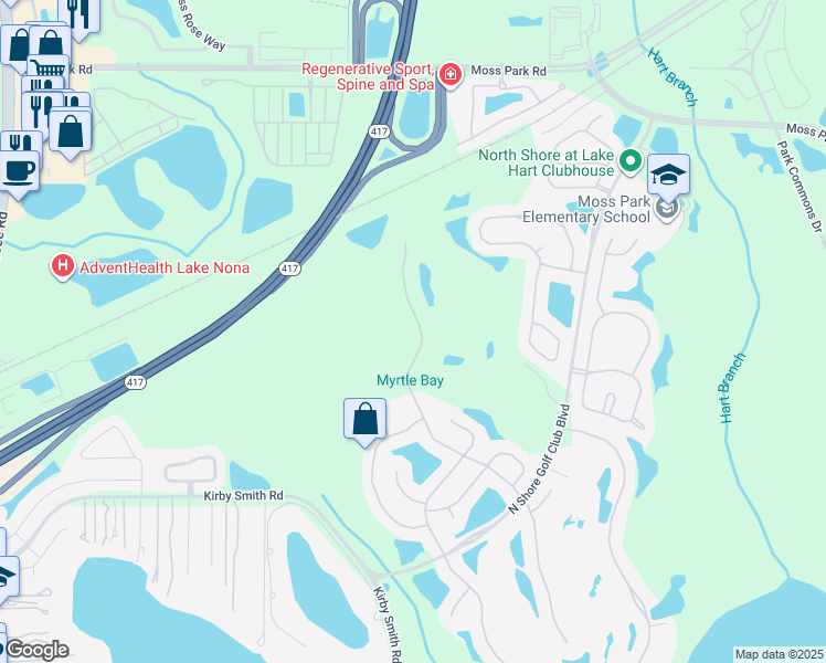 map of restaurants, bars, coffee shops, grocery stores, and more near 9440 Myrtle Creek Lane in Orlando