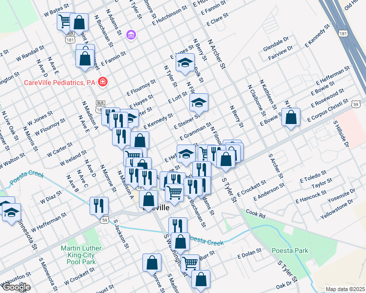 map of restaurants, bars, coffee shops, grocery stores, and more near 403 East Hefferman Street in Beeville