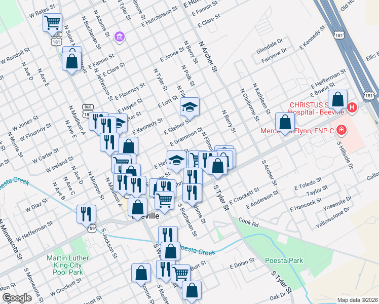 map of restaurants, bars, coffee shops, grocery stores, and more near 504 East Hefferman Street in Beeville