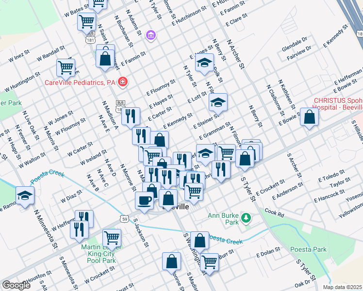 map of restaurants, bars, coffee shops, grocery stores, and more near 206 East Cleveland Street in Beeville