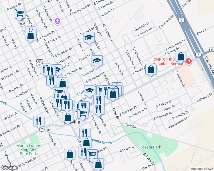 map of restaurants, bars, coffee shops, grocery stores, and more near 607 East Bowie Street in Beeville