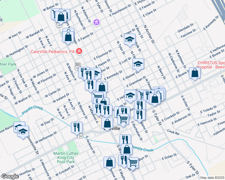 map of restaurants, bars, coffee shops, grocery stores, and more near 206 East Cleveland Street in Beeville