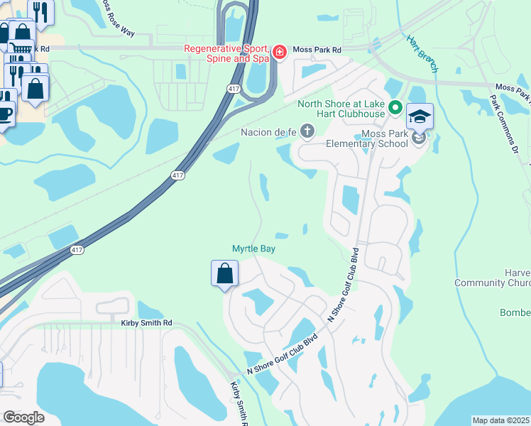 map of restaurants, bars, coffee shops, grocery stores, and more near 9441 Myrtle Creek Lane in Orlando
