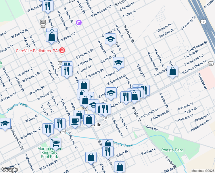 map of restaurants, bars, coffee shops, grocery stores, and more near 403 East Hefferman Street in Beeville
