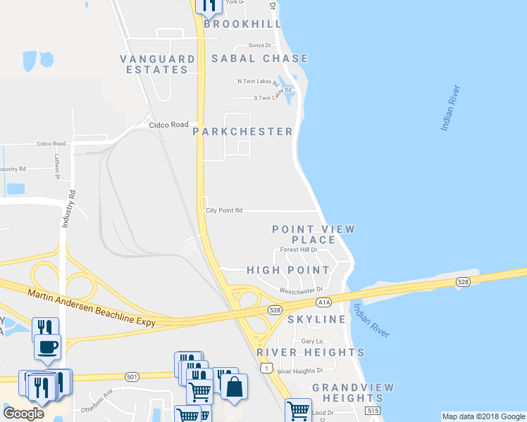 map of restaurants, bars, coffee shops, grocery stores, and more near 210 City Point Road in Cocoa