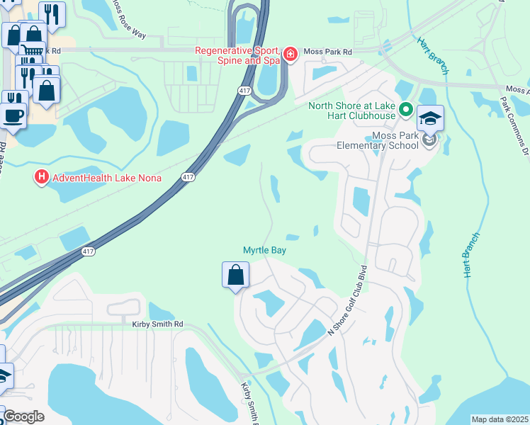 map of restaurants, bars, coffee shops, grocery stores, and more near 9440 Myrtle Creek Lane in Orlando