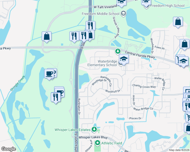 map of restaurants, bars, coffee shops, grocery stores, and more near 3011 Woolridge Drive in Orlando
