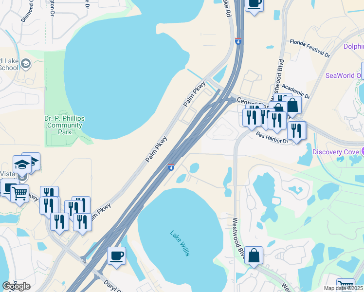 map of restaurants, bars, coffee shops, grocery stores, and more near 1 Interstate 4 in Orlando