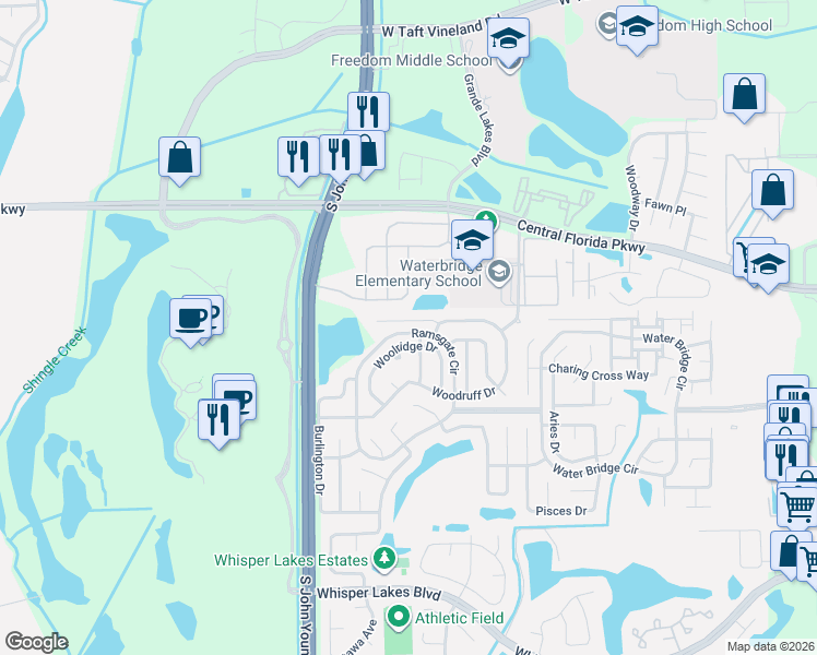 map of restaurants, bars, coffee shops, grocery stores, and more near 3011 Woolridge Drive in Orlando