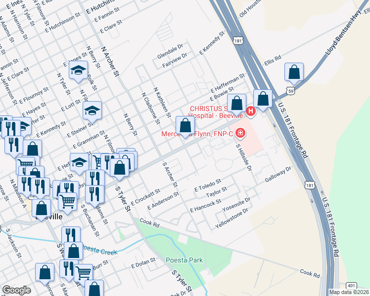 map of restaurants, bars, coffee shops, grocery stores, and more near 1100 East Houston Street in Beeville