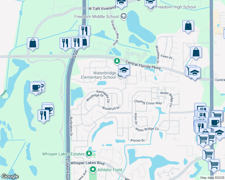 map of restaurants, bars, coffee shops, grocery stores, and more near 11201 Worley Avenue in Orlando