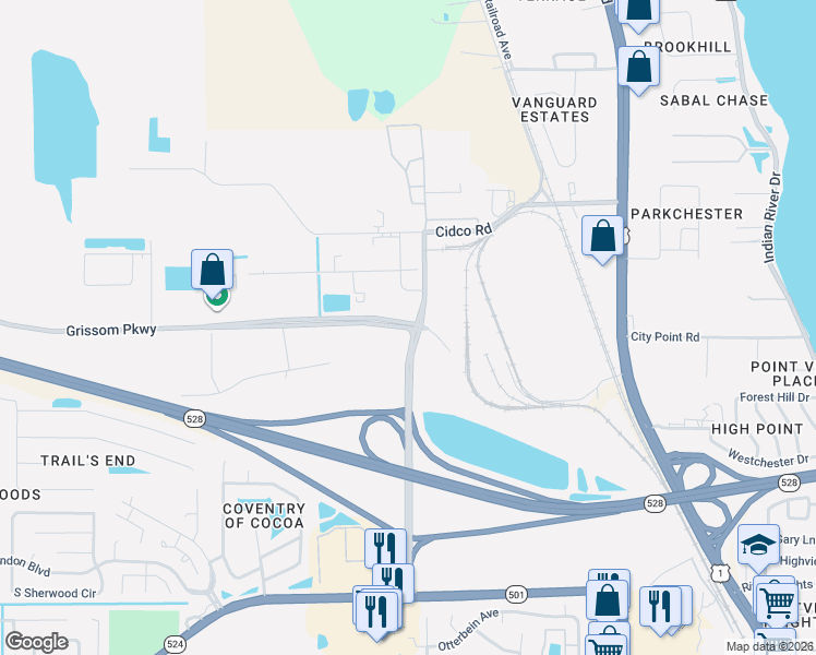 map of restaurants, bars, coffee shops, grocery stores, and more near 3078-3098 East Industry Road in Cocoa