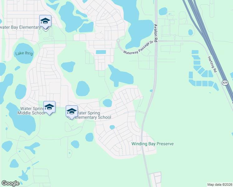 map of restaurants, bars, coffee shops, grocery stores, and more near Water Spring Boulevard in Winter Garden