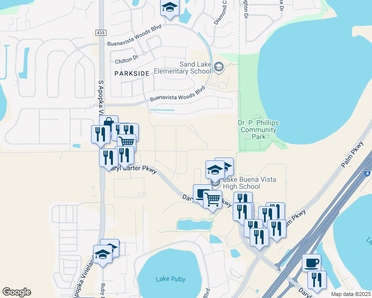 map of restaurants, bars, coffee shops, grocery stores, and more near 8261 Fenton Street in Orlando