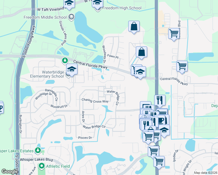 map of restaurants, bars, coffee shops, grocery stores, and more near 11109 Highgate Street in Orlando