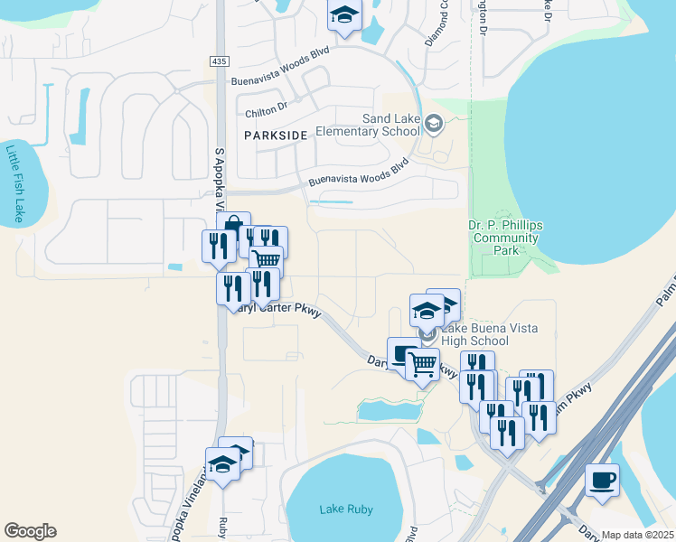 map of restaurants, bars, coffee shops, grocery stores, and more near 8261-8499 Fenton Street in Orlando